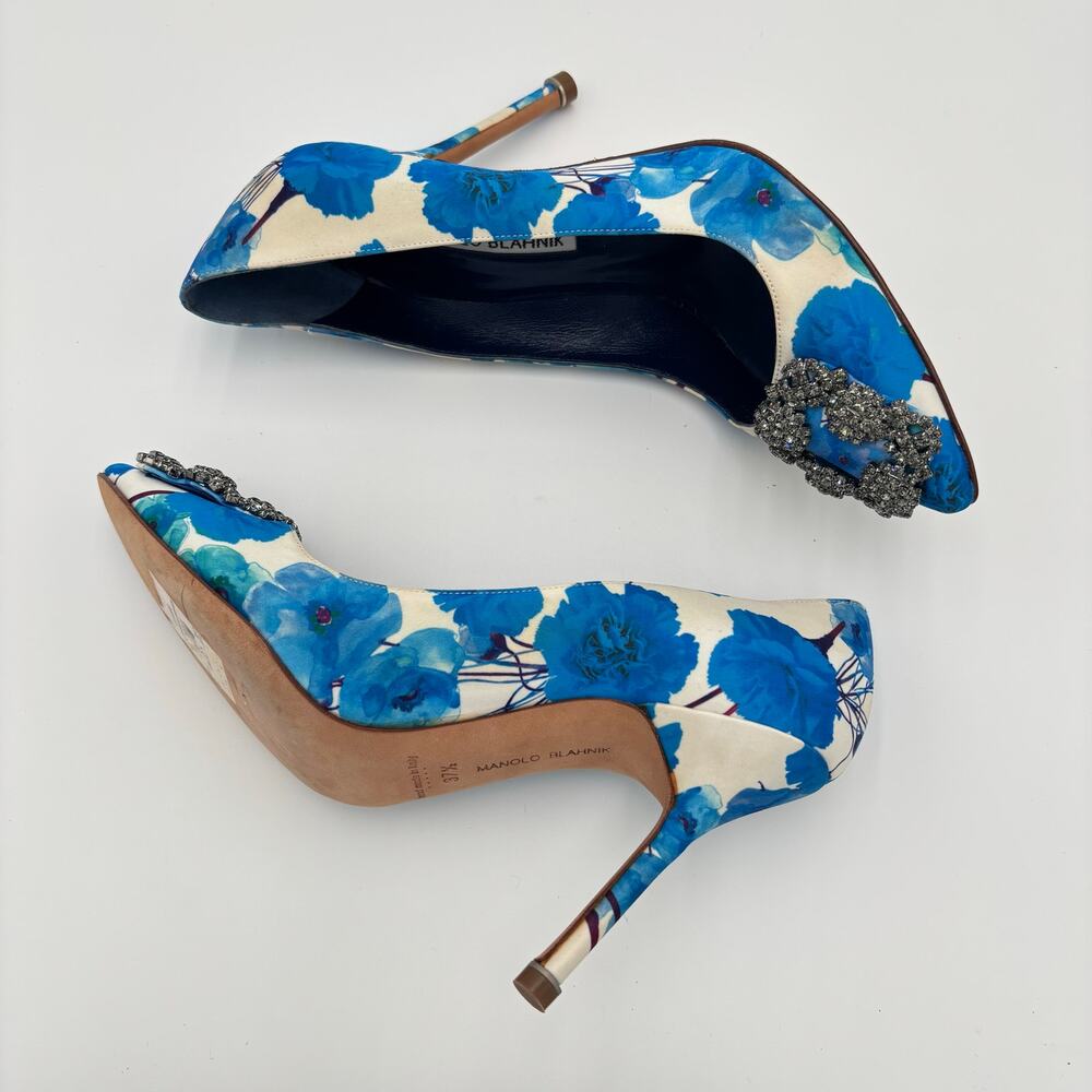 Manolo Blahnik Hangisi 105 Blue Floral Print Satin Crystal Buckle Pump Size 37.5 - Picture 11 of 12